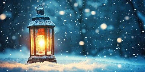 Aufkleber - Serene winter park scene featuring a glowing lantern surrounded by falling snowflakes on soft white ground with a cool blue background ambiance