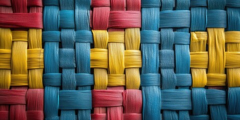 Aufkleber - Colorful woven texture featuring vibrant patterns with red, yellow, and blue strands arranged horizontally, creating a visually appealing surface.