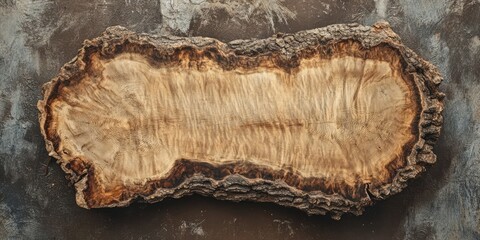 Aufkleber - Rustic wood slab with rich grain patterns and textured bark edges displayed on a textured dark gray background, emphasizing natural beauty and uniqueness.