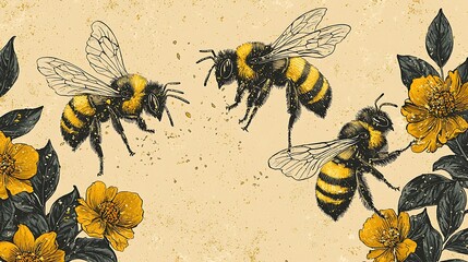 Wall Mural - Three Bumblebees Pollinating Yellow Flowers - Vintage Style Illustration.