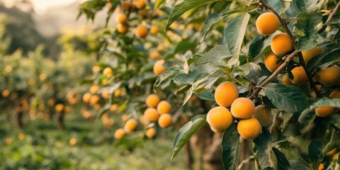 Aufkleber - Lush loquat orchard in soft golden hues with ripe round fruit hanging from vibrant green leaves, captured in warm morning light.