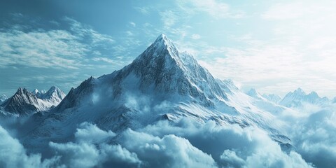 Aufkleber - Majestic snow-covered mountain peak under a serene blue sky with soft clouds surrounding its base conveying tranquility and natural beauty.