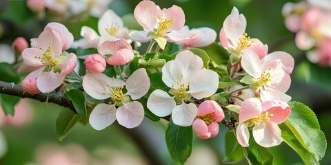 Aufkleber - Delicate apple blossom flowers in shades of pink and white clustered on a green branch with lush leaves in a soft focus background.