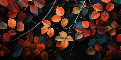 Poster - Vibrant autumn leaves in shades of orange and deep blue on dark background creating a rich, textured botanical backdrop for nature themes.