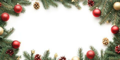 Poster - Festive Christmas frame featuring green pine branches, red and gold ornaments, and pinecones on a white background, ideal for holiday themes.