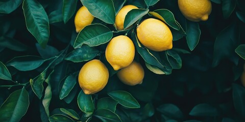 Fresh ripe lemons cluster on a lush green lemon tree with dark leaves creating a vibrant contrasting background emphasizing natural cultivation.