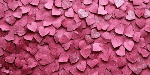Poster - Sparkling pink heart shaped pieces scattered on light pink paper, creating a vibrant and visually appealing textured backdrop for various designs
