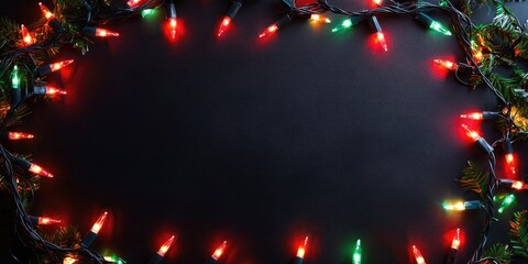 Poster - Colorful Christmas lights in red, green, and white arranged on a dark background, creating a festive decorative border with a blank center.