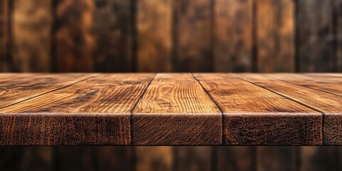 Aufkleber - Wooden tabletop with rich brown tones and textured planks, positioned in front of a blurred rustic wooden wall, creating a warm, inviting atmosphere.