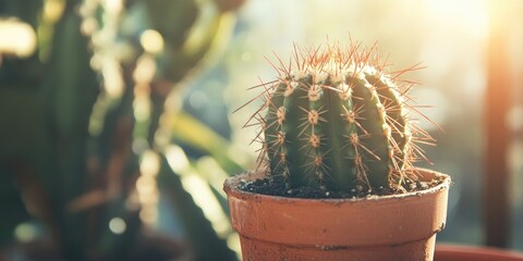Poster - Potted green cactus with long spines in a terracotta pot, illuminated by warm morning light, vintage filter effect enhancing the atmosphere.