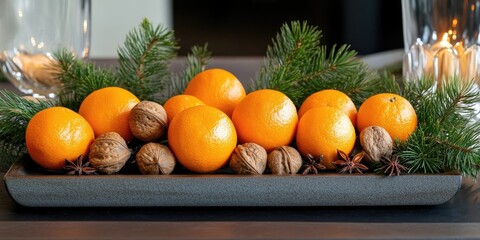 Poster - Vibrant oranges arranged on a dark tray with green pine branches and walnuts, creating a warm, festive display for the holiday season.