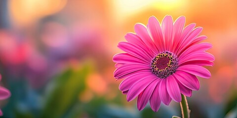 Aufkleber - Vibrant pink gerbera daisy in focus with blurred background and warm sunset hues, showcasing petals with detailed centers, evoking a serene atmosphere.