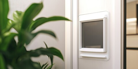 Wall Mural - Interior view of a closed white cat flap on a light colored door, positioned on the right with a green plant partially visible on the left side.