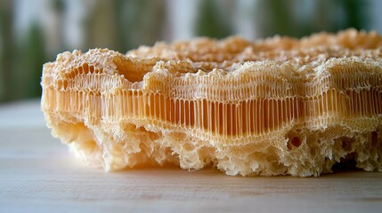 Intricate details of a porous, pale yellow natural sponge, showcasing its unique organic structure and texture. A captivating macro photograph of marine life.