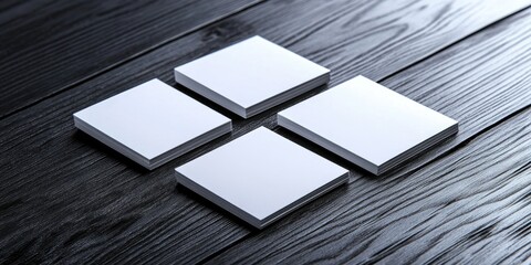 Poster - Empty square business cards arranged in a grid on a dark wooden table, viewed from above, creating a minimalist and professional template backdrop.