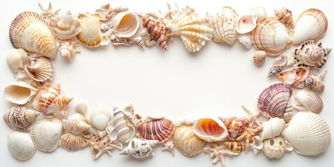 Poster - Colorful array of seashells in various shapes and sizes arranged in an oval frame on a light background showcasing natural textures and patterns.