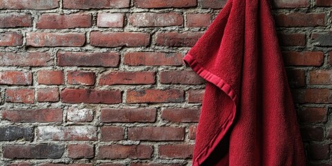 Poster - Red towel hanging on a rustic brick wall with warm tones creating a vibrant contrast highlighting texture and color in a cozy setting