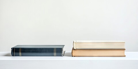 Poster - Three stacked books with a dark cover on the left, a white cover in the middle, and a light brown cover on the right against a light background.