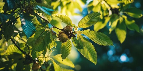 Poster - Sunlit chestnut tree leaves with green hues and glossy texture, capturing the interplay of sunlight and shadows among vibrant foliage.
