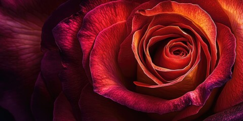 Aufkleber - Close-up of a vibrant rose with rich red and orange petals showcasing intricate details and textures against a dark background highlighting its beauty.