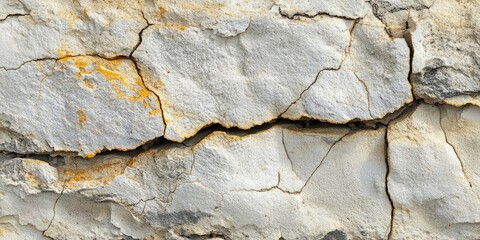 Fototapete - Textured gray and beige cracked stone wall with visible orange streaks and deep crevices creating an abstract natural pattern and details in surface.