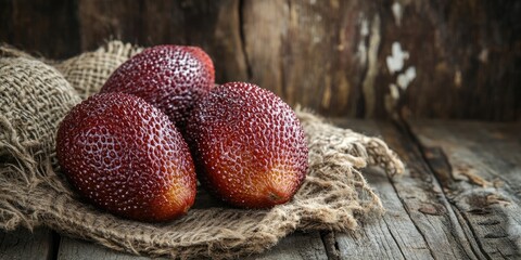 Poster - Salak fruit trio displayed on burlap against a rustic wooden backdrop showcasing rich brown and red hues with intricate textured skin details.