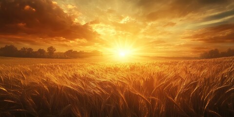 Poster - Golden wheat field bathed in warm sunset light with vibrant orange and yellow hues, soft clouds above creating a serene and tranquil atmosphere.