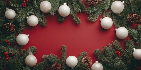 Poster - Christmas decorations with white ornaments and pinecones on green branches against a red background, creating a festive border effect.