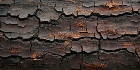 Aufkleber - Cracked dark brown bark texture with deep fissures and subtle orange accents creating a rustic natural background for design and art purposes