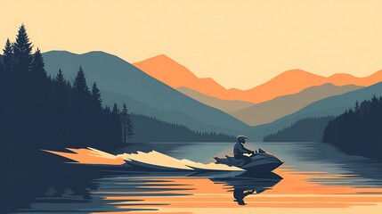 Wall Mural - Jet Ski at Sunset in Mountain Lake.