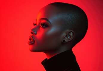 Wall Mural - A woman with a shaved head and a red background