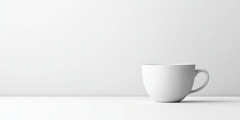 Aufkleber - Minimalistic white coffee cup positioned on a simple white table against a clean white background creating a serene, modern aesthetic.