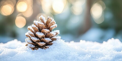 Aufkleber - Pine cone dusted with snow resting on soft snow in a serene winter setting with blurred golden light in the background creating a festive mood