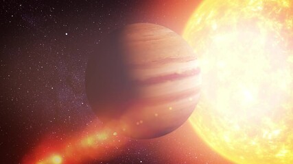 Wall Mural - Jupiter and the Sun

A stunning view of Jupiter with its famous storm bands, illuminated by the radiant Sun. The bright cosmic light from the Sun creates a dynamic and beautiful contrast with the plan