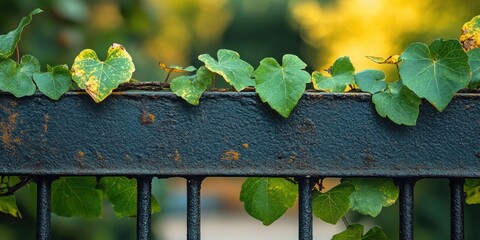 Wall Mural - Vibrant green ivy leaves adorned a weathered black metal fence with warm golden sunlight in the background creating a serene and peaceful atmosphere.