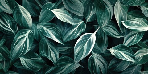 Poster - Lush green leaves with variegated patterns in shades of dark green and white, densely packed in a flat lay arrangement for a natural aesthetic.