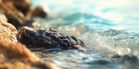 Aufkleber - Close-up of wet rocky shoreline with gentle waves splashing over dark stones, soft sunlight glistening on water surface, natural serene setting.