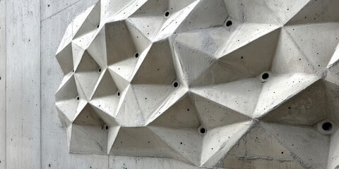 Poster - Textured reinforced concrete wall with 3D geometric patterns in gray tones, showcasing integrated polyester elements arranged in a honeycomb design.