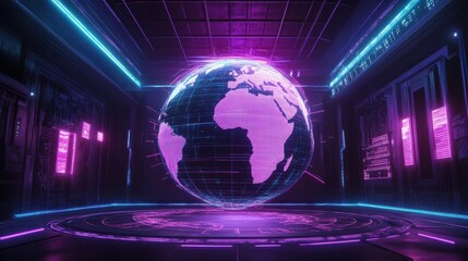 Wall Mural - Futuristic Neon Globe with Digital Data in a High-Tech Environment