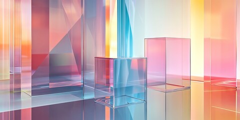 Poster - Abstract composition of translucent glass cubes in vibrant hues of pink, blue, and orange, arranged in a contemporary setting with soft lighting.