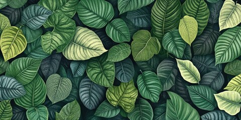Leinwandbilder - Seamless pattern of diverse green leaves with intricate textures in various shades of green arranged densely on a dark background for creative use