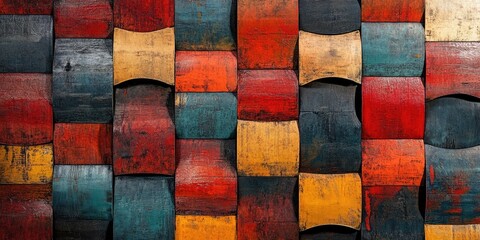 Aufkleber - Colorful wooden tiles arranged in a wavy pattern featuring red, yellow, turquoise, and black tones creating a textured background.