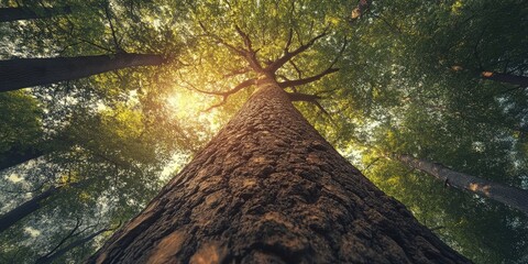 Fototapete - Towering tree in serene forest viewed from below warm sunlight filtering through green leaves tranquil morning setting tall trunk details