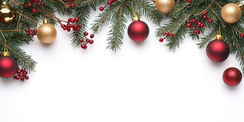 Poster - Festive Christmas arrangement with red and gold ornaments, pine branches, and berries on a white background, creating a seasonal atmosphere.