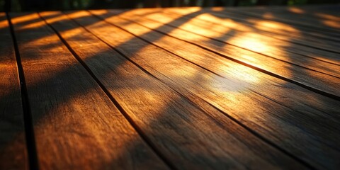 Wall Mural - Warm wooden table surface with sunlit reflections and soft shadows cast, featuring rich brown hues and parallel grooves enhancing texture.