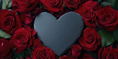 Aufkleber - Slate Heart Surrounded by Vibrant Red Roses with Rich Green Leaves Centered Against a Dark Background for Romantic Themes