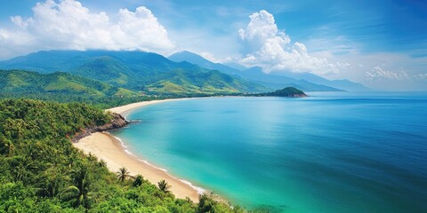 Aufkleber - Serene coastal landscape with sandy beach and lush green mountains under a clear blue sky and soft white clouds reflecting on calm turquoise waters.