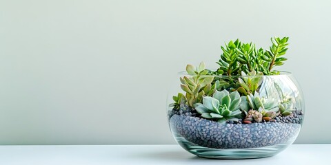 Aufkleber - Succulent arrangement in a clear glass bowl filled with black pebbles on a minimalist white surface, featuring green plants with various textures.