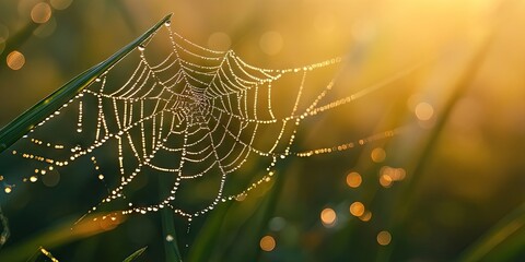 Poster - Delicate spider web glistening with dew drops in golden sunlight surrounded by lush green grass creating a serene morning ambiance.