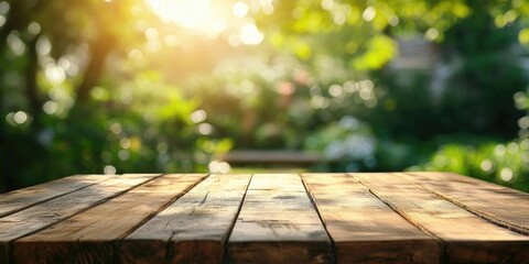 Poster - Textured wooden table surface in the foreground with a blurred green garden bokeh background showcasing soft sunlight shining through trees